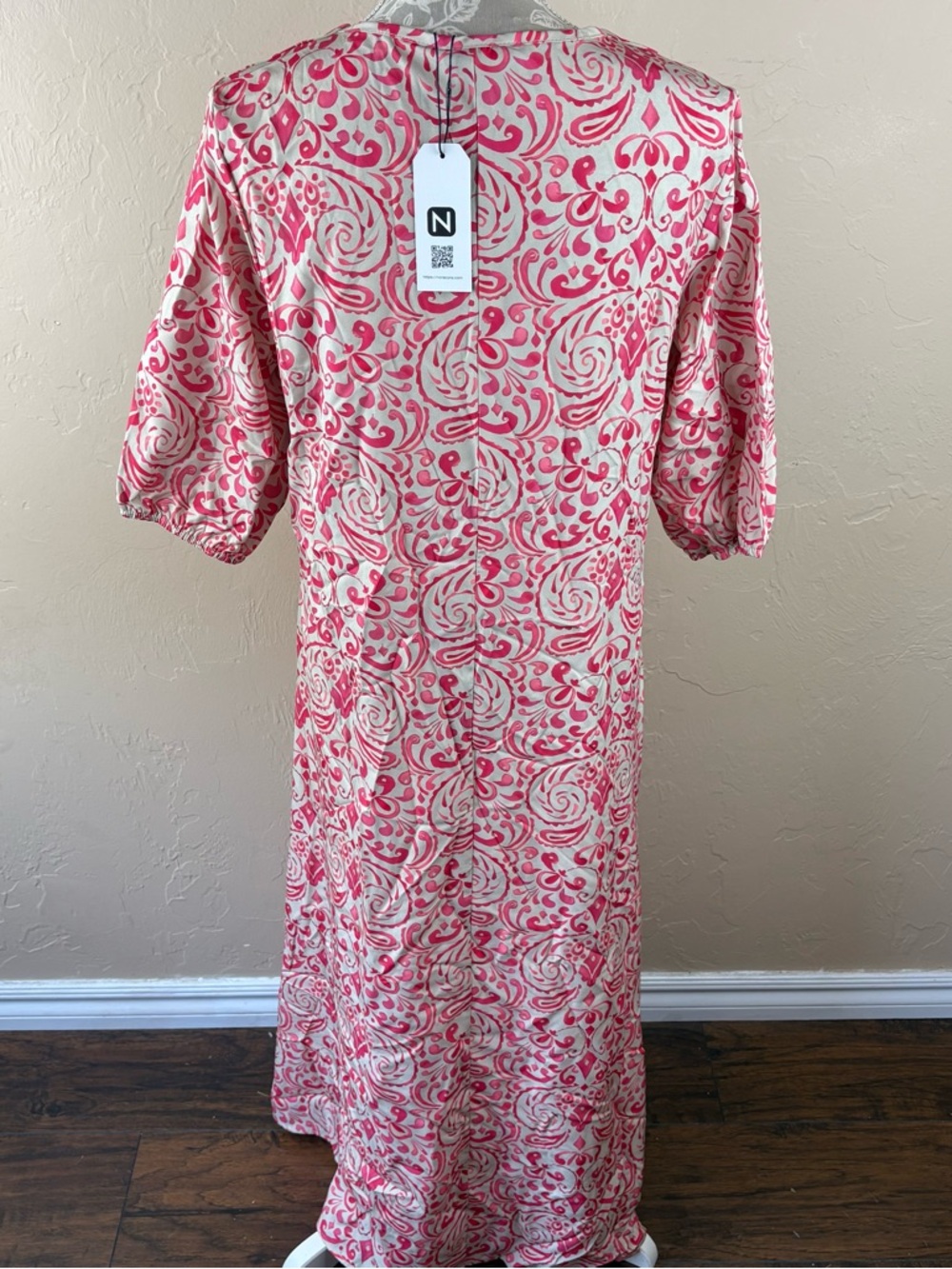 NWT Noracora Coral Pink Printed Maxi Dress Elbow Length Short Sleeves Size Large - Picture 5 of 12